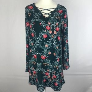 Xhilaration Womens Floral Shift Dress Green Size XS‎ Long Sleeve V Neck Lined